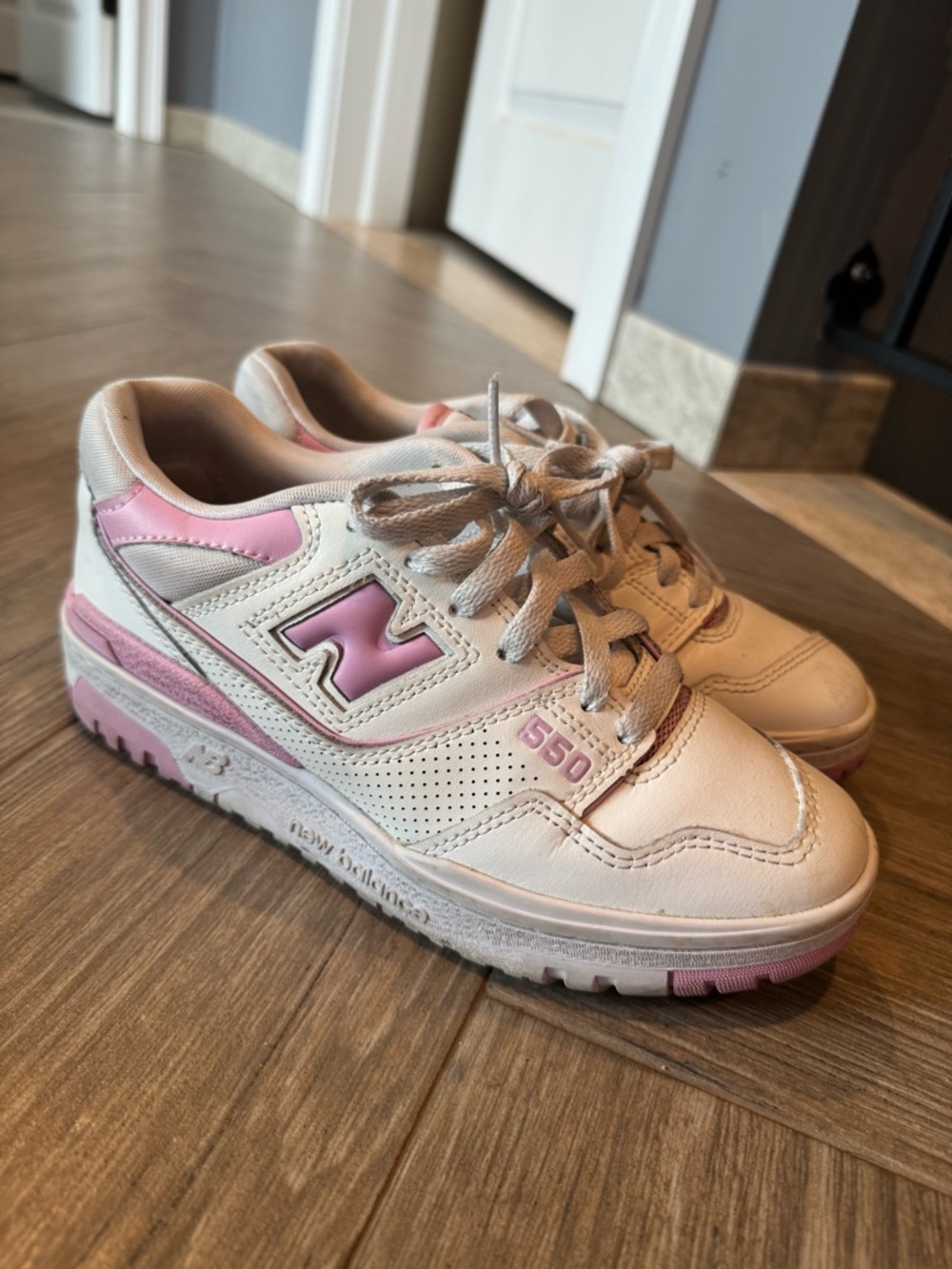 New Balance White and Pink 550 Low-Top Sneakers